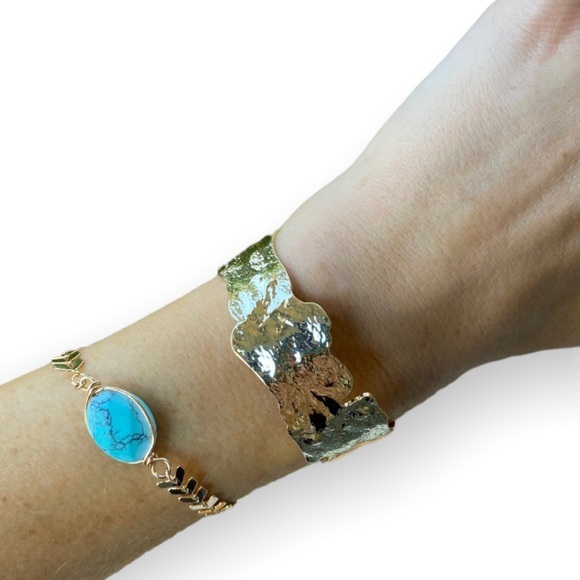 Gold Hammered Bangle Bracelet OR Gold + Turquoise Bracelet NWT - Picture 2 of 3